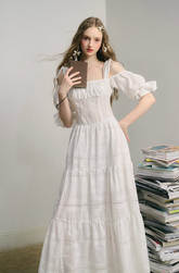 Embroidery Hollow Long Skirt White Dress